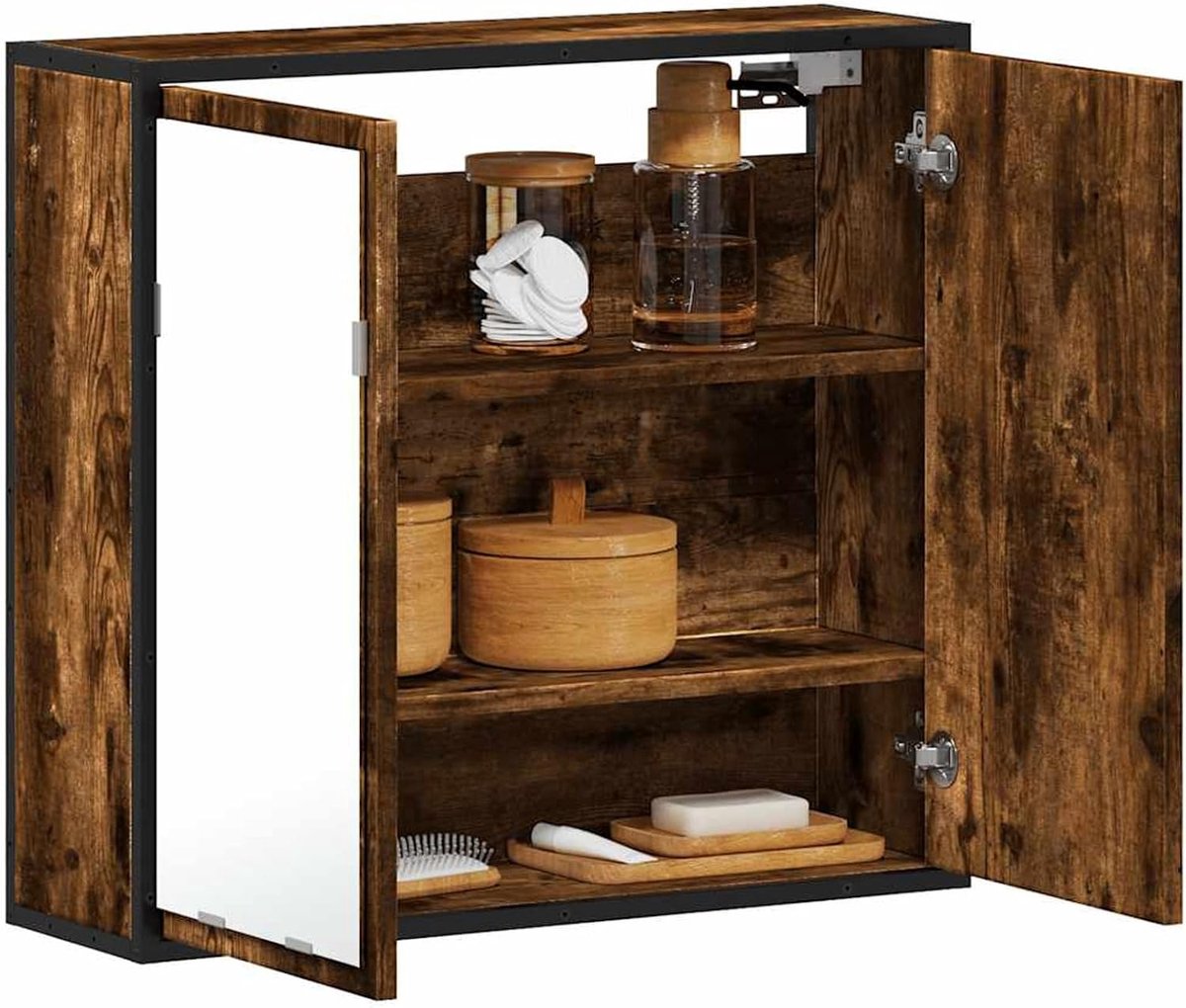 Spiegelkast badkamer 65x20x60 cm hout hout rookeiken stabiel met metalen frame, ruimtebesparend