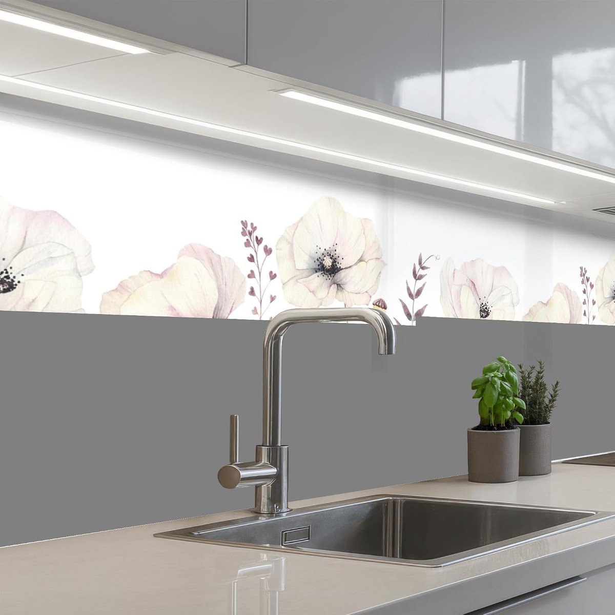 Keukenachterwand 60x200 cm zelfklevend keuken decoratie accessories home kitchen spatscherm Bloemen - Pastel - Planten - Wit