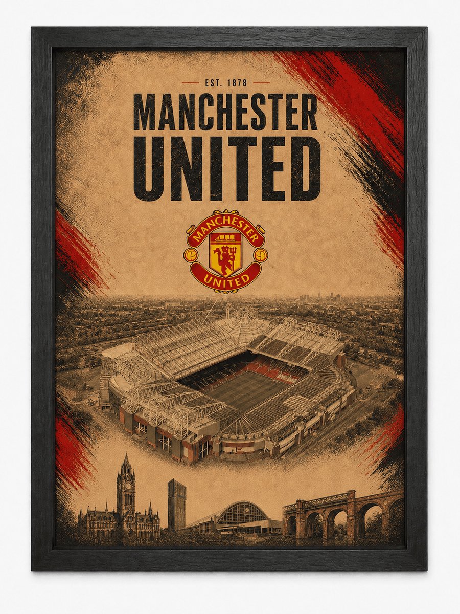 Manchester United Poster | Old Trafford Stadion & Skyline | Inclusief Zwarte A4 Lijst | Voetbal Wanddecoratie