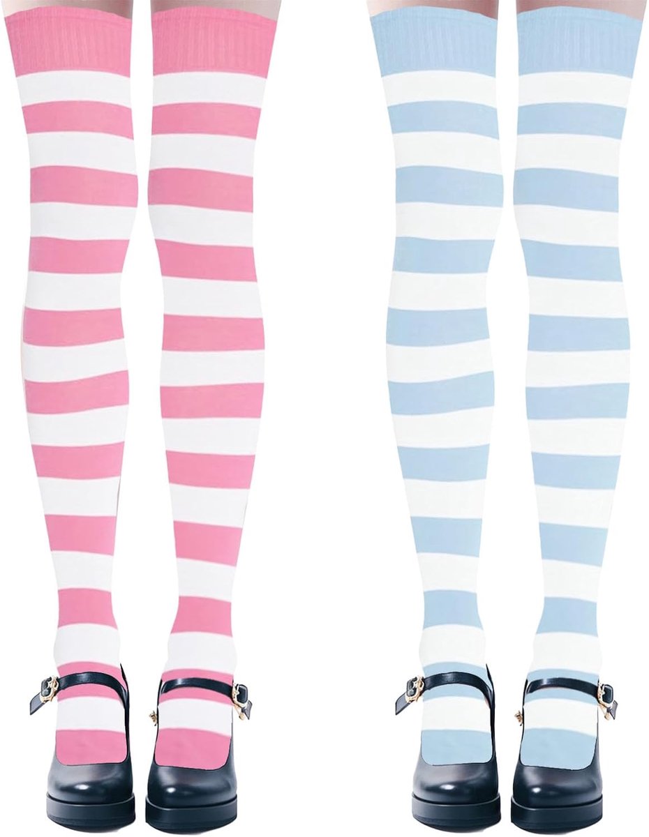 Lange damessokken, kleurrijke gestreepte kniekousen, gestreept, comfortabele kousen, dijbeenhoge sokken, 2 paar, Y2K High Socks Overknees in levendige kleuren, voor carnaval, Halloween