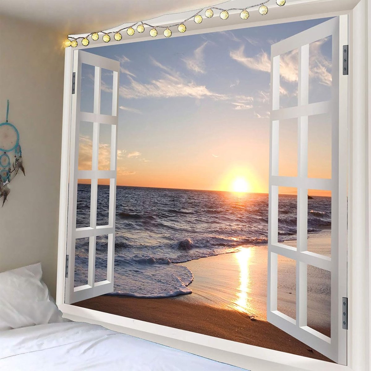 3D oceaan wandtapijt, muuropknoping zon zonsondergang zee strand landschap wandtapijten voor slaapkamer woonkamer woondecoratie 130 x 137 cm