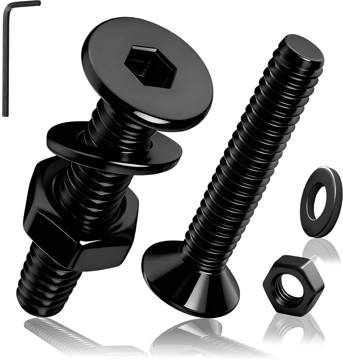 50 stuks M4 x 10 mm schroeven met verzonken kop met binnenzeskant, zwarte schroevenset van koolstofstaal, DIN7991 verzonken schroeven met moeren, sluitringen voor meubels, machines