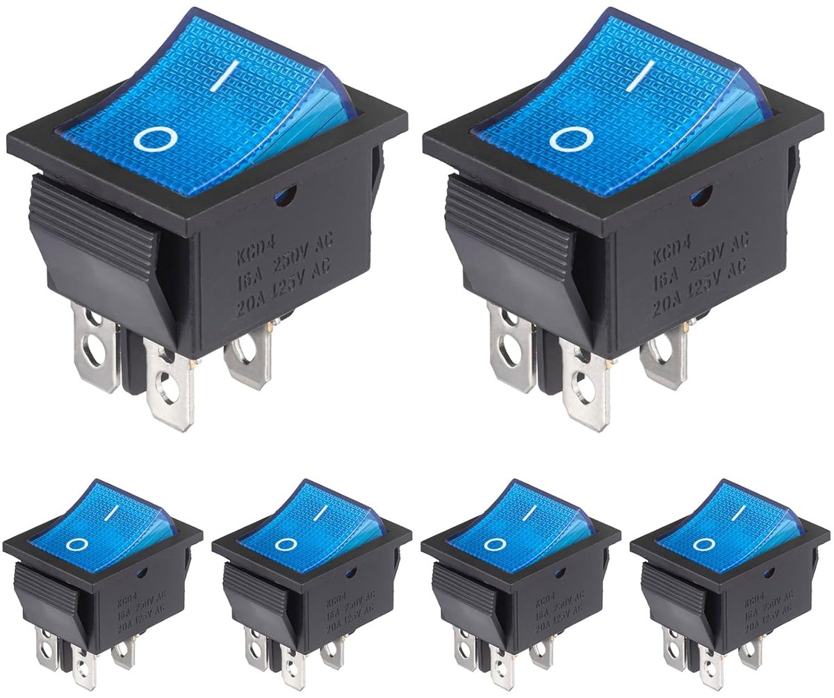 Tuimelschakelaar, 4-polig, AC 16 A, 250 V, 20 A, 125 V, aan-uit tuimelschakelaar, blauw, verlichte schakelaar, 4 pins, 2 standen, inbouwschakelaar, boot schakelaars (6 stuks)