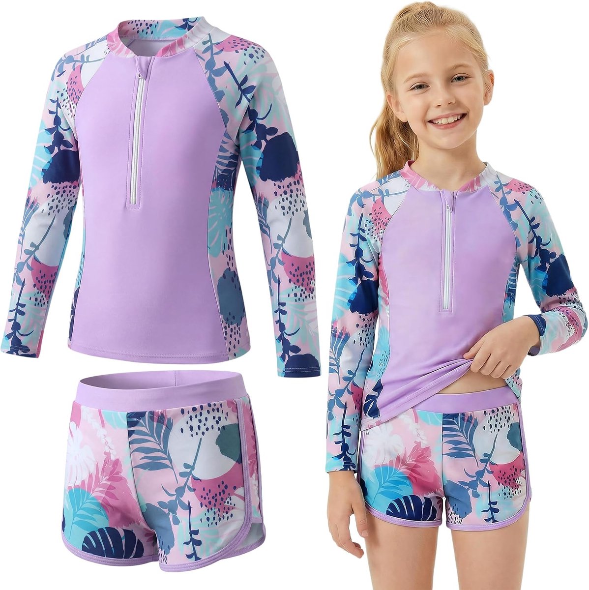 Meisjes rashguard-set: tweedelige zwemkleding met lange mouwen en zonbescherming, met uitneembare vullingen, zwemtop met bloemenpatroon en halve rits & zwemshort, zwempak voor 5-12 jaar