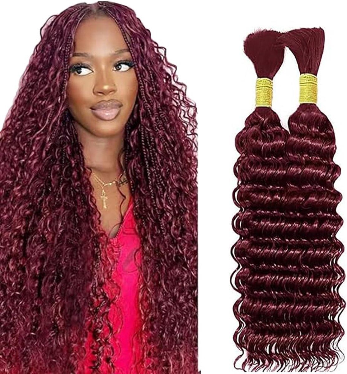 Wave Bulk Human Braiding Hair for Boho Braids Knotless Braids Total 100g 2 Bundles 32 32 Inch Human Hair Extension Unprocessed No Weft #99J Burgundy for Women