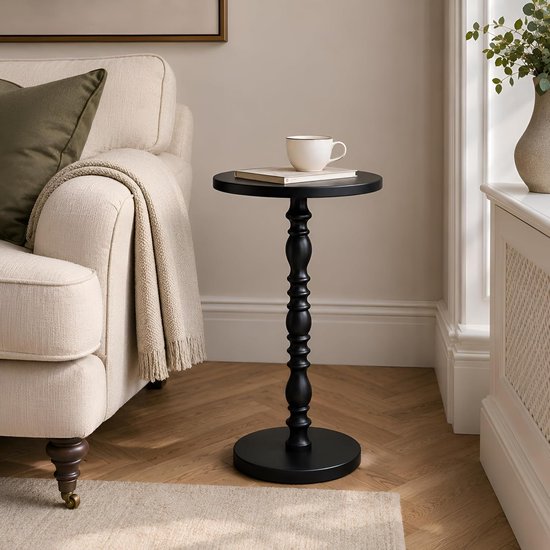Bijzettafel, massief houten sokkel, drinktafel voor kleine ruimtes, moderne accenttafel met antislip bodem voor woonkamer, slaapkamer, bank, zwart — afbeelding 4