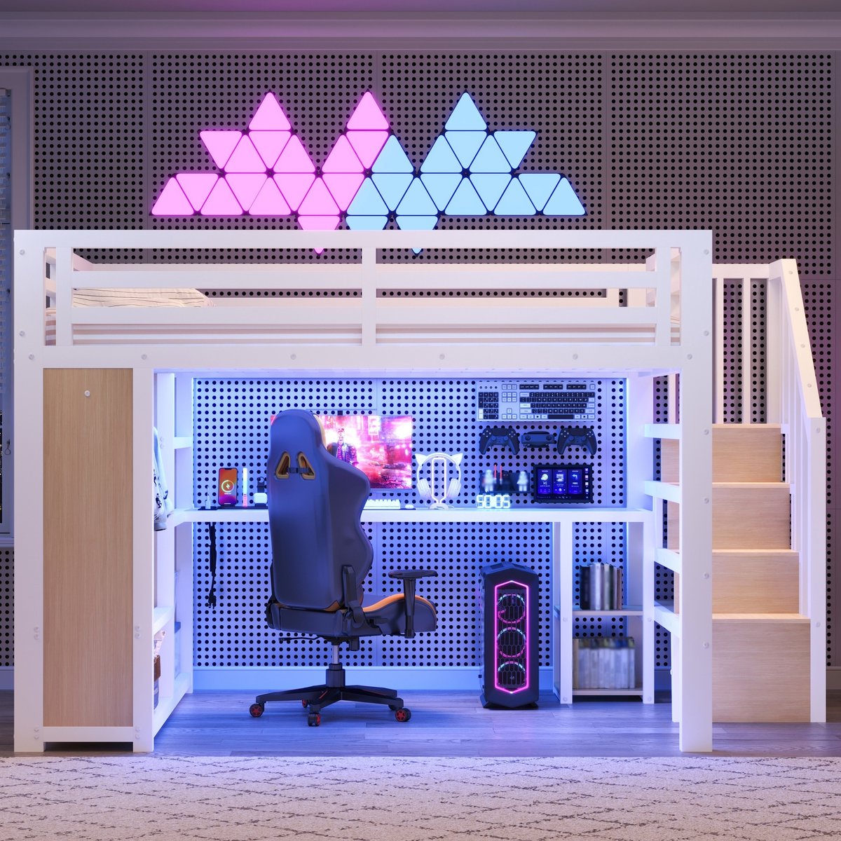 Kinderbed, Metalen Game-Hoogslaper Van 160x200 Cm Met Ledverlichting, Usb-Poort, Bureau, Open Kledingkast, Trap En Opbergvakken-Wit