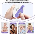 Paarse en witte elektrische nagelknipper, 'geschikt voor alle leeftijden'. Toont baby, volwassene, senior en slechtziende.