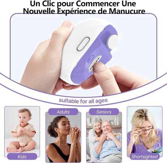 Paarse en witte elektrische nagelknipper, 'geschikt voor alle leeftijden'. Toont baby, volwassene, senior en slechtziende.