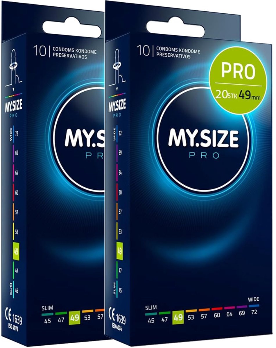 MY.SIZE PRO 20 stuks 49mm ELITE – Smalle pasvorm, hooggezuiverd Vytex-latex voor minder geur, zeer gemakkelijk te openen en af te rollen