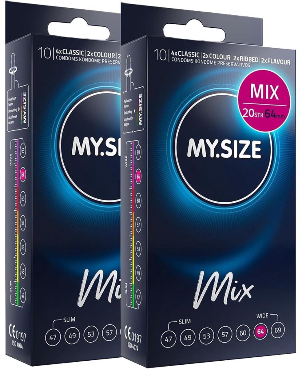 MY.SIZE Mix condooms 64mm 20 stuks – Maat XXXL | Variaties: blauw, rood aardbeismaak, geribbeld, natuurlijk | Premium condooms | Duits merk | Dikte 0,07mm | van rubberlatex