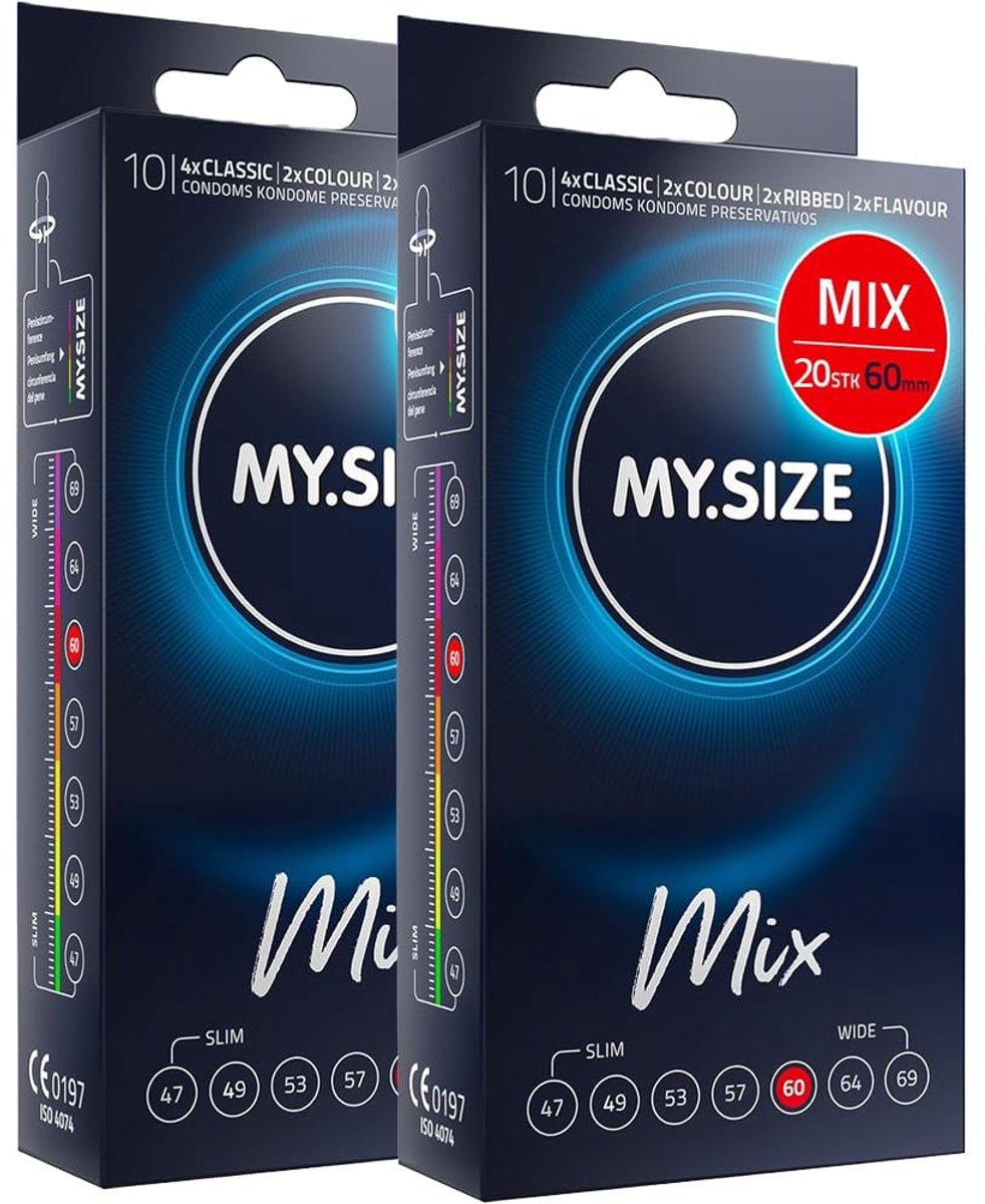MY.SIZE Mix condooms 60mm 20 stuks – Maat XXL | Variaties: blauw, rood aardbeismaak, geribbeld, natuurlijk | Premium condooms | Duits merk | Dikte 0,07mm | van rubberlatex
