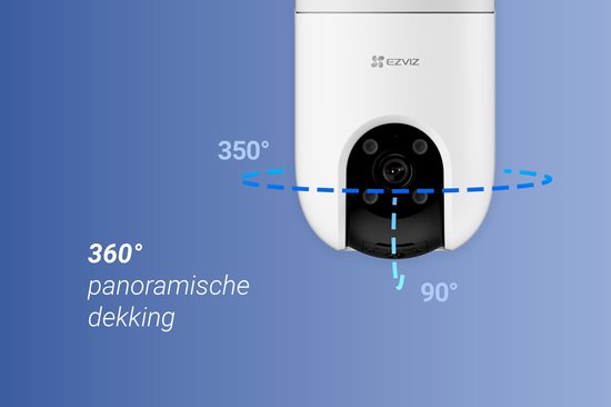 Witte EZVIZ camera met 360° panoramische dekking en 90° kantelhoek.