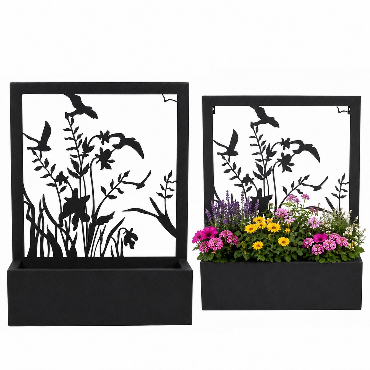 UNUS® Metalen plantenbak wandrek 2-delige set zwart bloemen- & vogelmotief