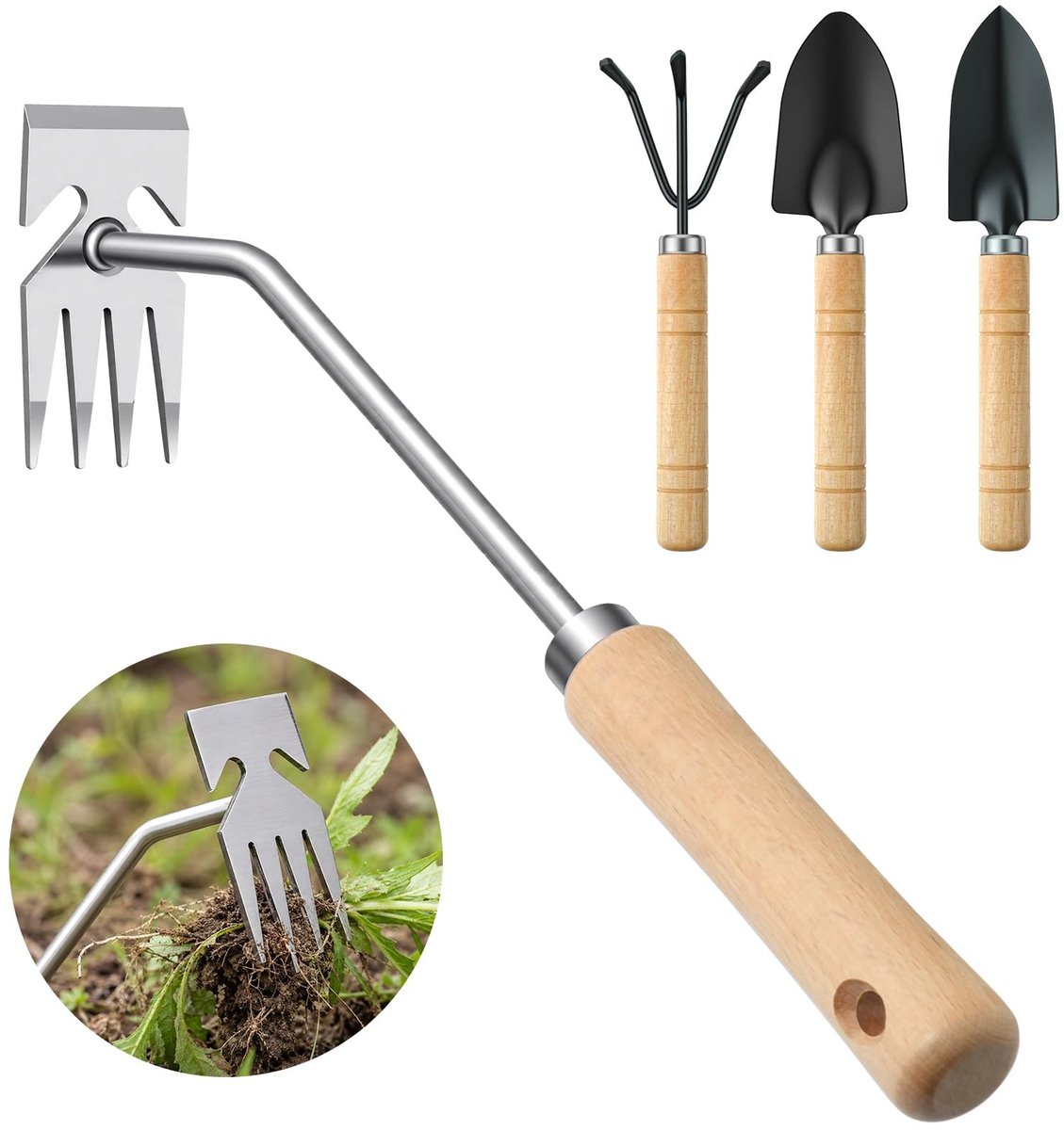 Omgoods - 4-delige Handmatige Onkruidverwijder Set met Houten Handvat