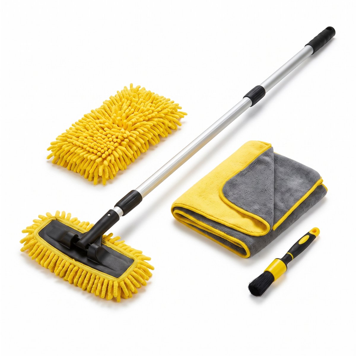 Ryoudavell - Wasborstel met verlengsteel - Auto was set - Auto wassen 4 delig - Velgenborstel - Autowasborstel