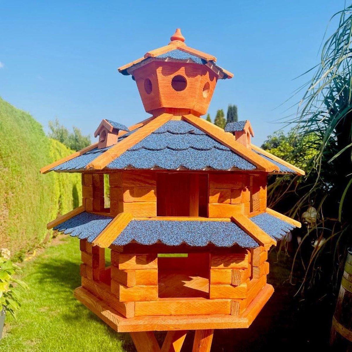 Vogelvilla XXL - Vogelhuisje Tuin - Vogels Huisvesten - Handgemaakt Weerbestendig - 60 cm Hoog - Blauw Bruin