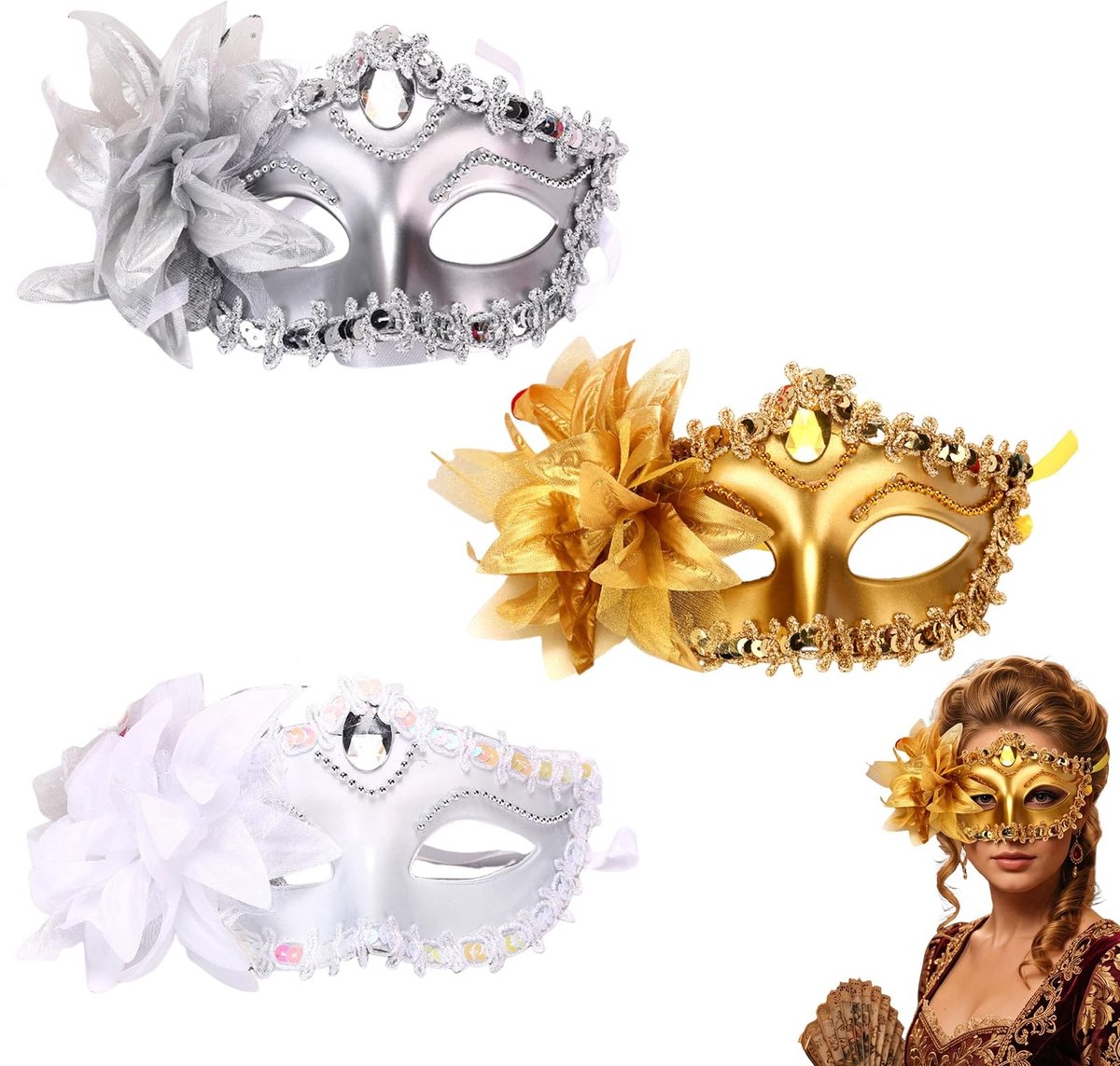 Omgoods - Set van 3 Elegante Venetiaanse Half Gezichtsmaskers voor Feestelijke Gelegenheden