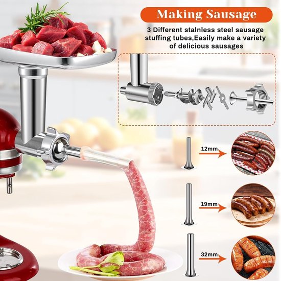 Vleesmolen Kaasrasp - Keukenmachine Opzetstuk - Culinair Bereiden - 20 Delige Set - 3 Maalplaten - Rood — afbeelding 3