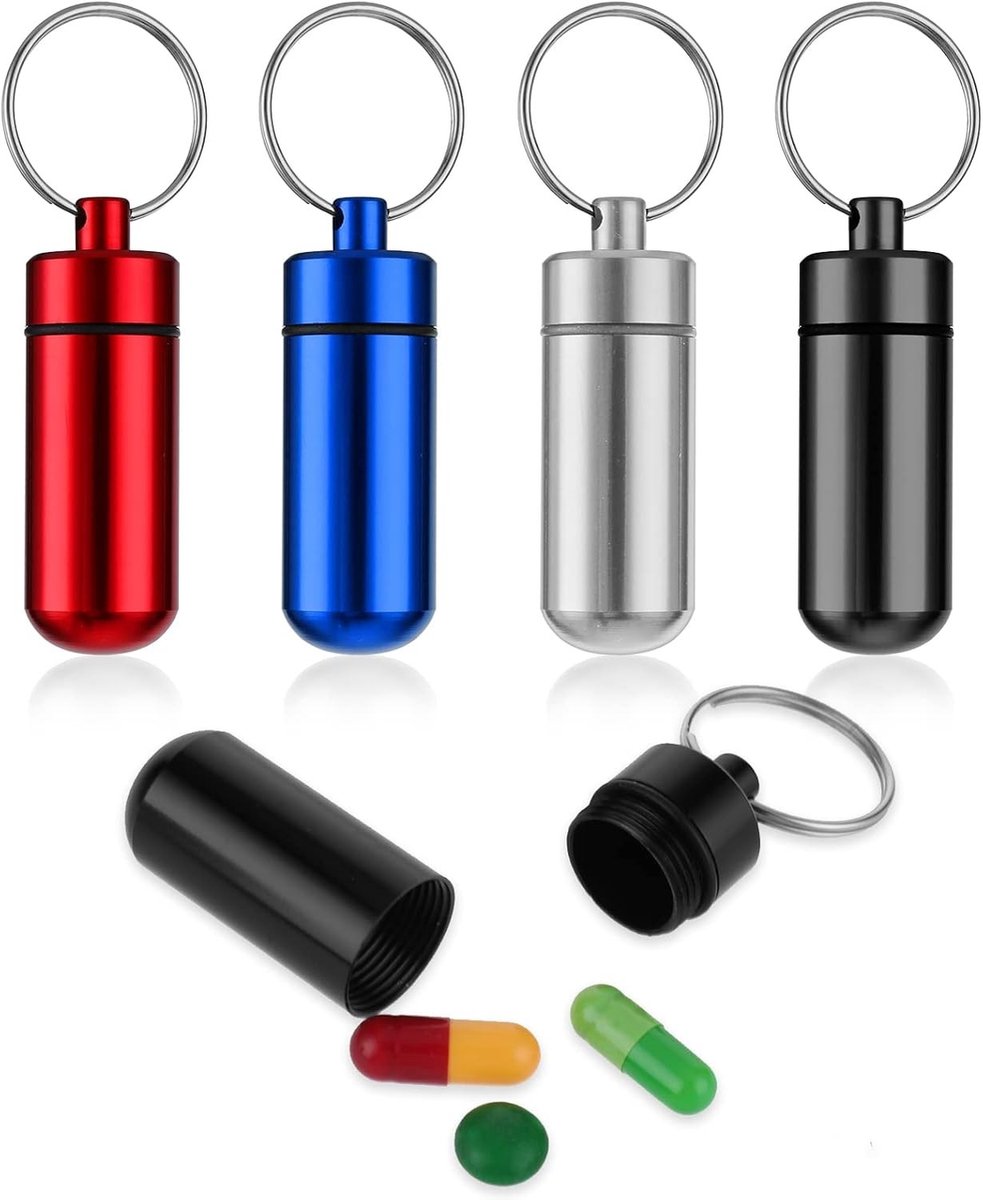 4 Stuks Pillendoos Sleutelhanger - Kleine Waterdichte Tablet Box voor Reizen en Kamperen, Draagbare Medicijnopslag en Organisatie