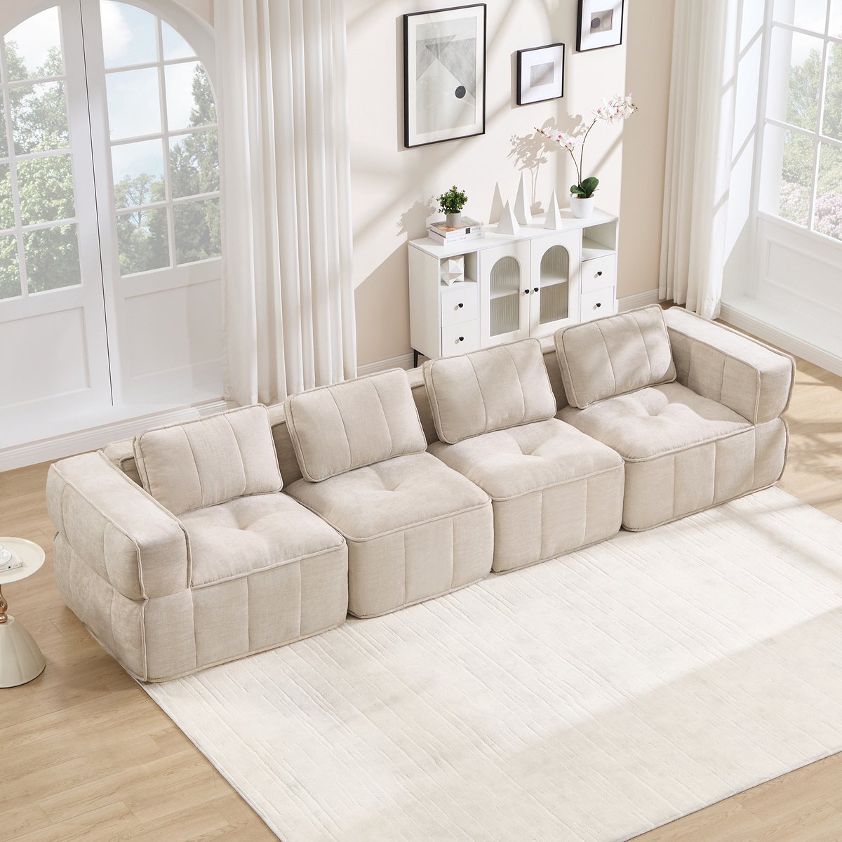 4-Zits Bank, Extra Grote 4-Zits Cloud-Bank Zonder Frame, Modulair, 32D Schuim Met Hoge Dichtheid, Huidvriendelijke, Zachte Stof, Antislip, Voor De Woonkamer, Geen Montage Nodig-Beige