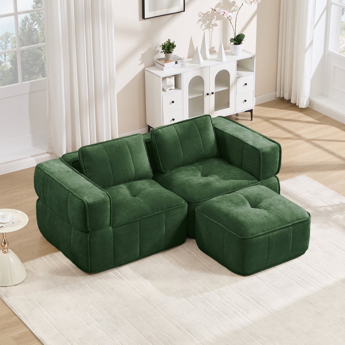 Moderne Hoekbank, L-Bank, 2-Zits bank, L-Vormige Modulaire Tweezitsbank Zonder Frame Met Voetenbank, 32D Schuim Met Hoge Dichtheid, Diepe Zitting, Huidvriendelijke Stof, Antislip, Voor Woonkamers En Appartementen-Groente