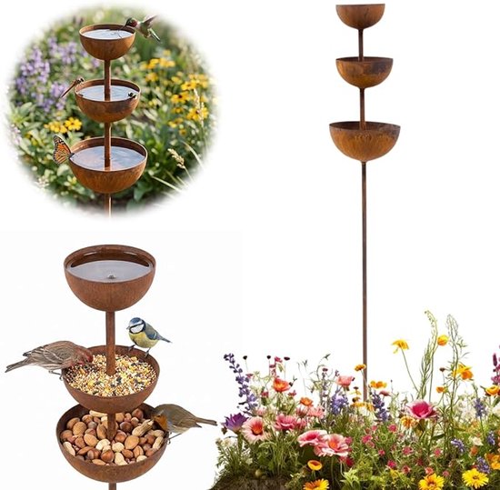 Roestkleurige, 3-laags drinkbak met bloemen, vogels en een vlinder.