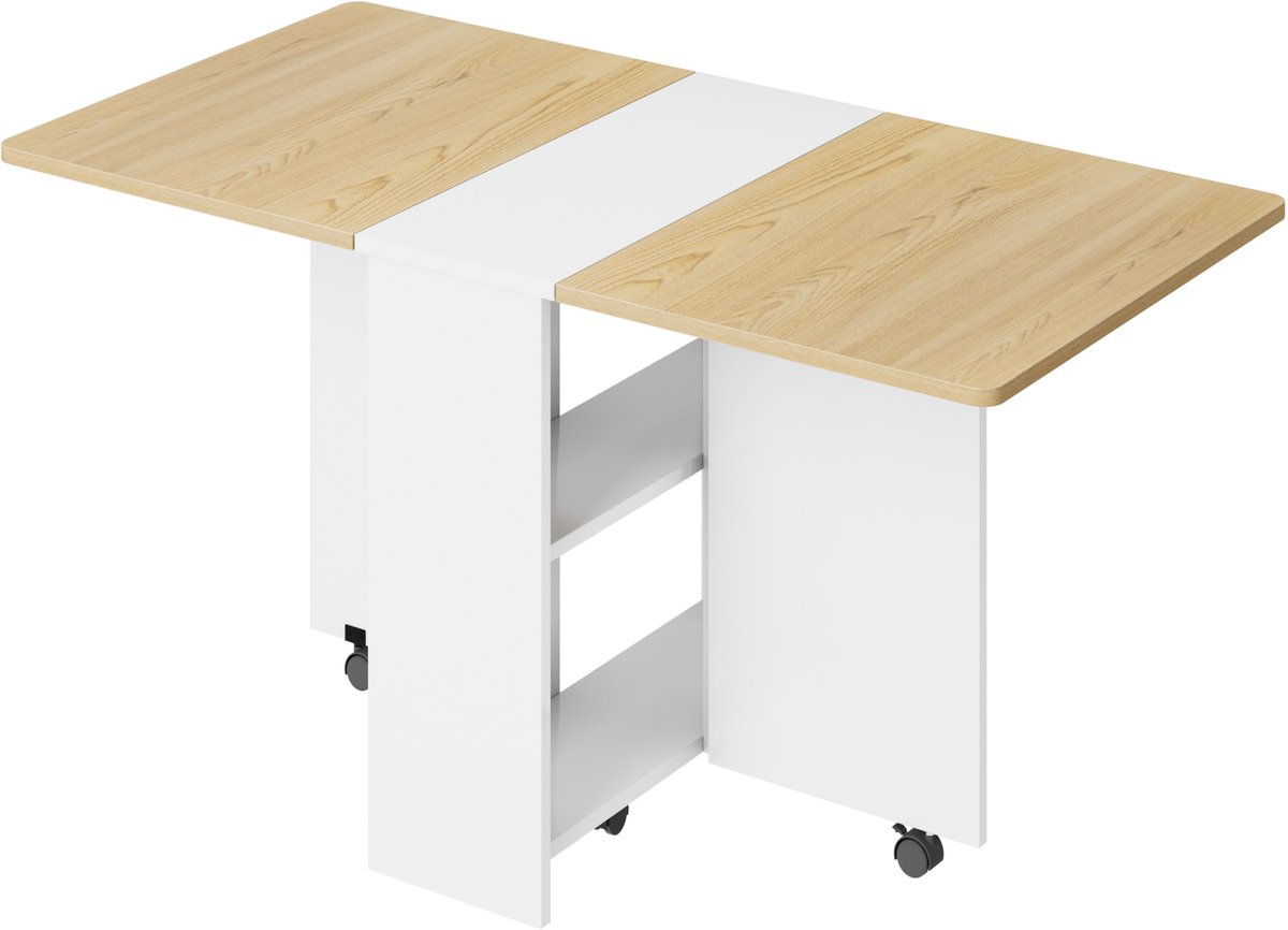Inklapbare Eettafel met Wieltjes - Ruimtebesparende Klaptafel voor 4 tot 6 Personen - Mobiele Uitklapbare Keukentafel & Bureau met 2 Opbergplanken - Wit