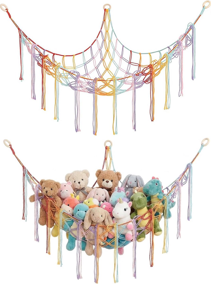 Opbergnet voor pluche speelgoed - speelgoedopbergnet - aan de muur te bevestigen geweven driehoekige netzak - opbergrek voor pluche dieren - opbergnet - geschikt als decoratie voor de kinderkamer en babykamer - inclusief accessoires - kleurrijk