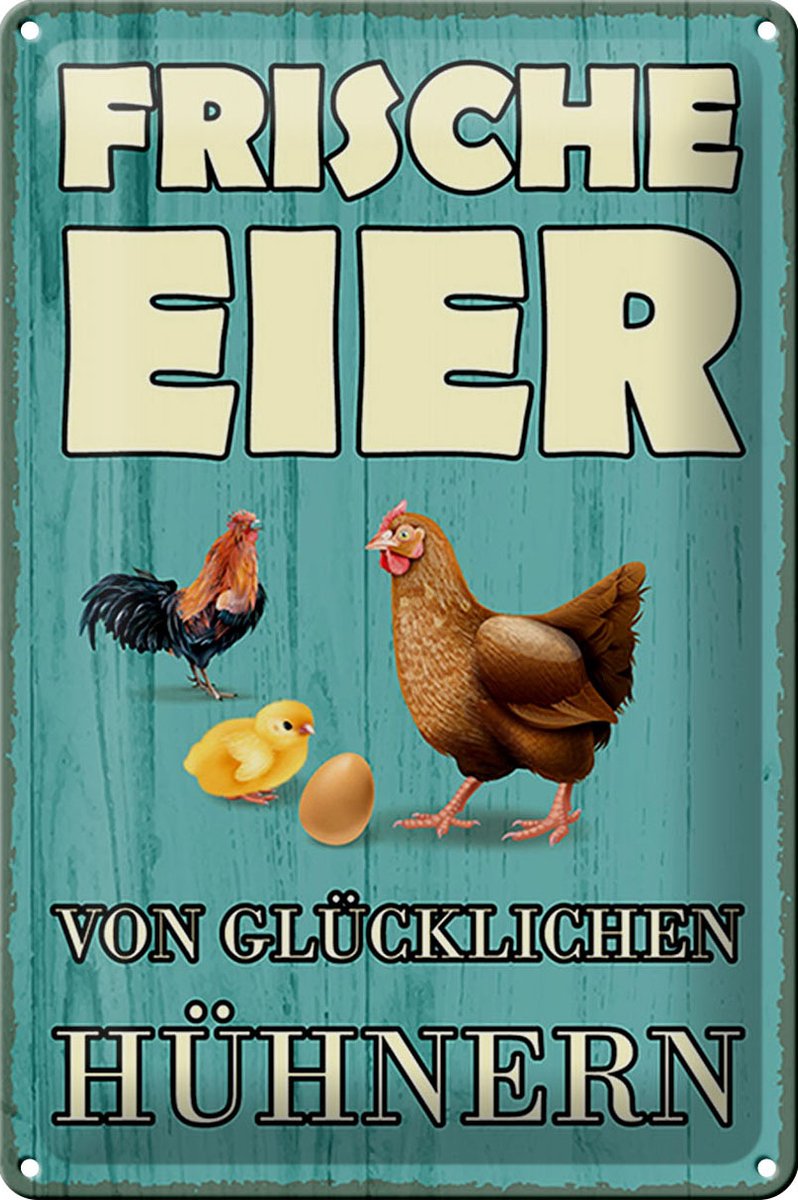 Blechschild Spruch 20x30cm frische Eier glückliche Hühner