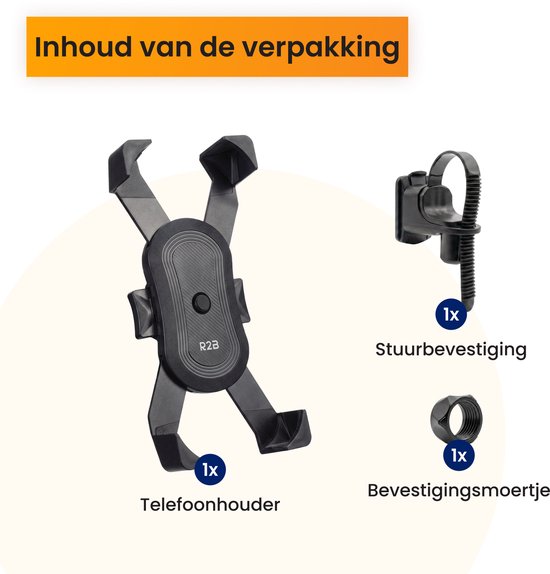 Inhoud verpakking: zwarte telefoonhouder, stuurbevestiging, bevestigingsmoertje.