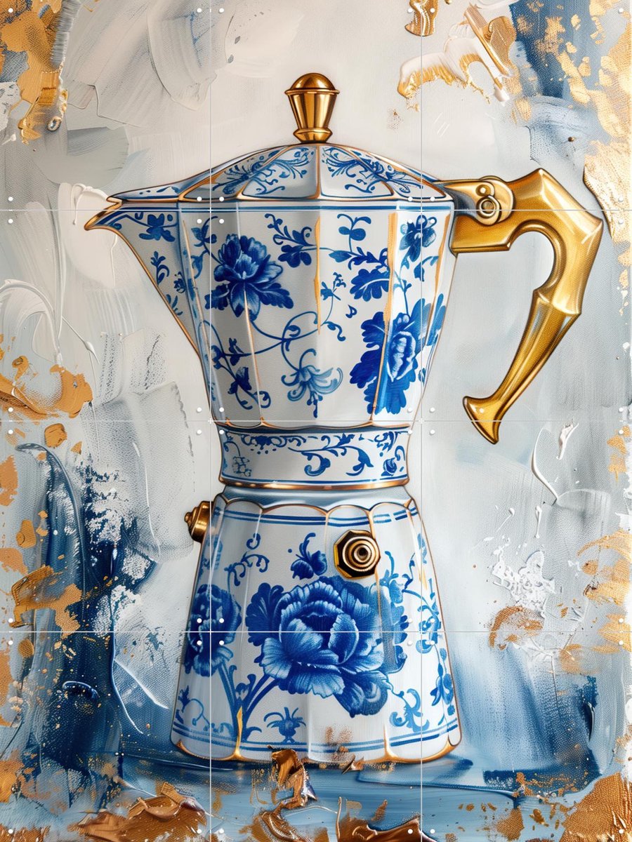 IXXI Italian Percolator Delft Blue, OTTI - 60 x 80 cm - Gratis ophangtool - Grote wanddecoratie en posters - Speels, Modern, Realisme, Kleurrijk