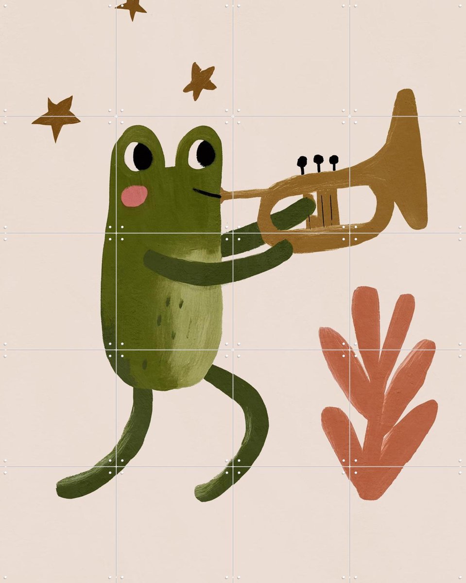 IXXI Frog and Trumpet, Treechild & Various - 80 x 100 cm - Gratis ophangtool - Grote wanddecoratie en posters - Kleurrijk, Speels, Fantasierijk