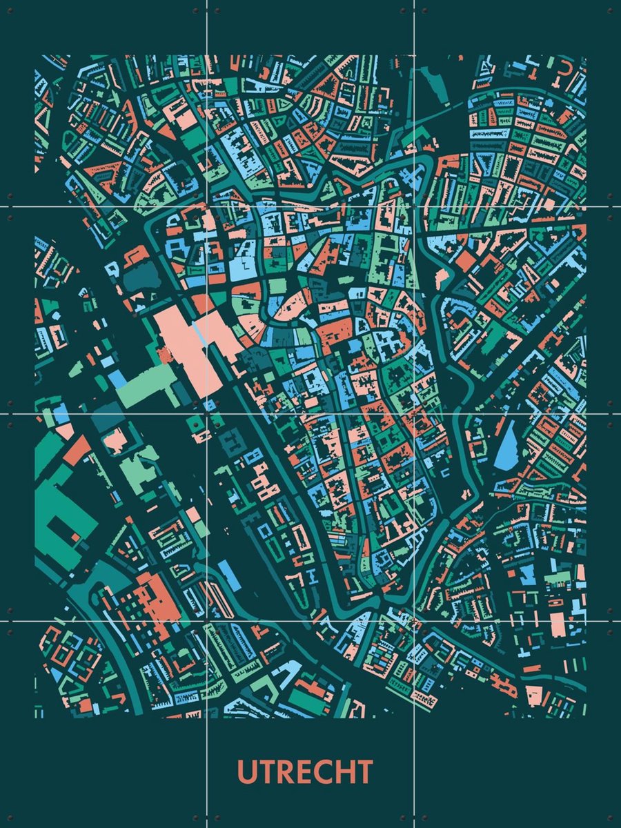 IXXI Utrecht Mozaïek Teal, Kunst in Kaart - 60 x 80 cm - Gratis ophangtool - Grote wanddecoratie en posters - Kleurrijk, Geometrische Kunst, Digitale