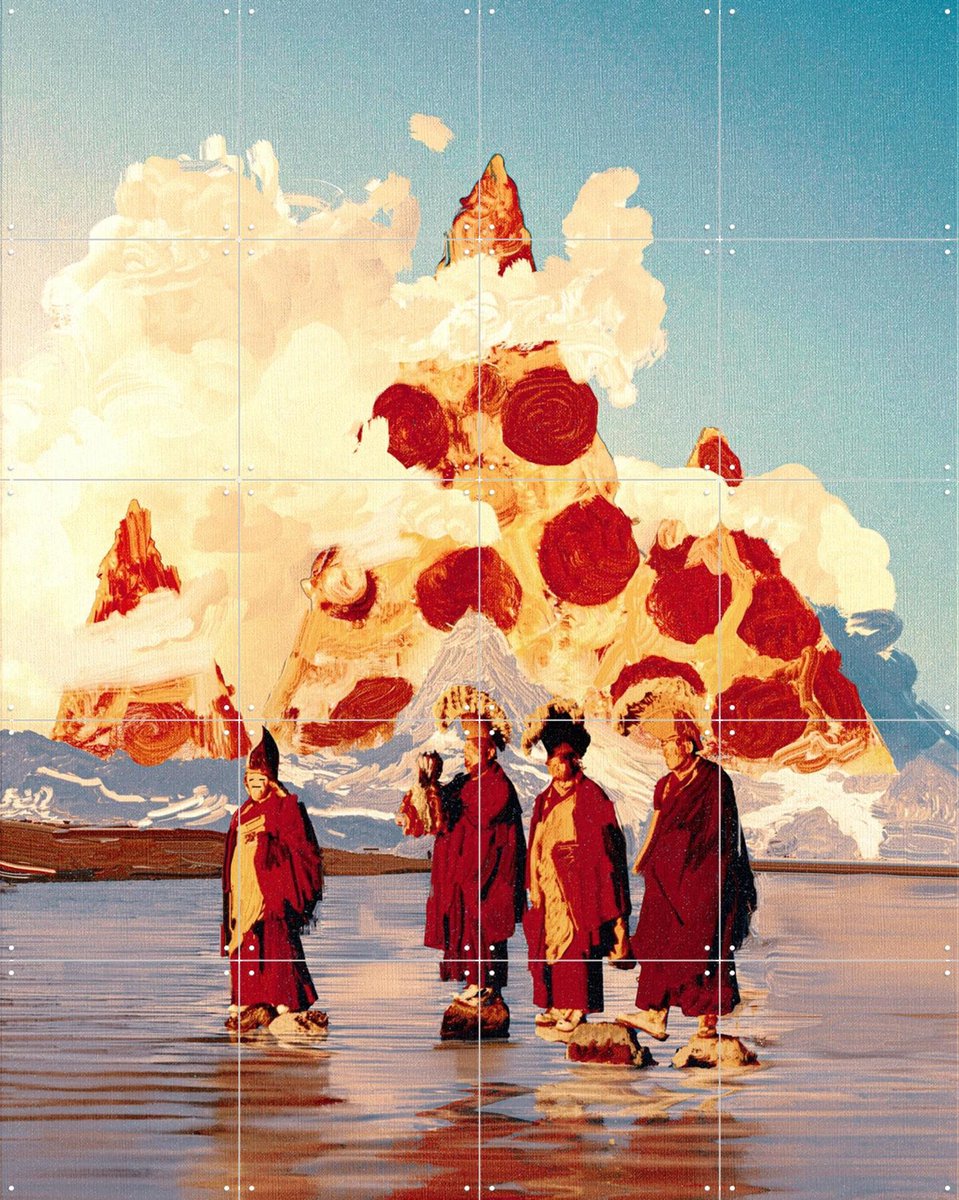 IXXI Pizza Mountains, Vineet Suresh - 80 x 100 cm - Gratis ophangtool - Grote wanddecoratie en posters - Abstract, Speels, Surrealisme, Kleurrijk