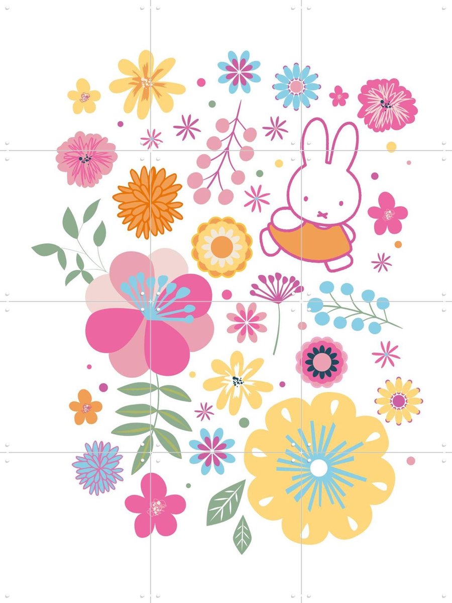 IXXI Nijntje met bloemen, Nijntje - 60 x 80 cm - Gratis ophangtool - Grote wanddecoratie en posters - Cartoonesk, Decoratieve kunsten, Kleurrijk, Pop