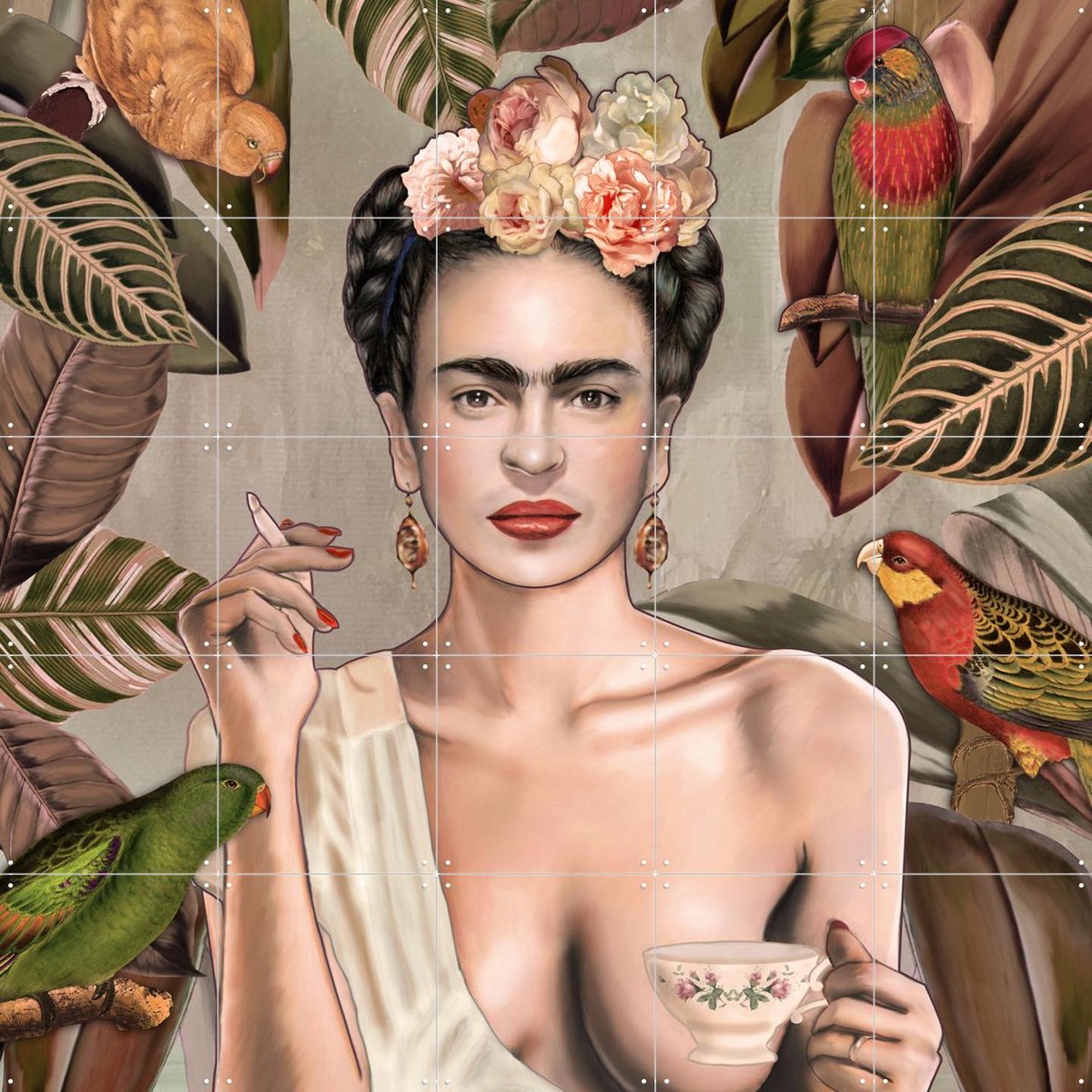 IXXI Frida Con Amigos Bohemian, Nettsch - 100 x 100 cm - Gratis ophangtool - Grote wanddecoratie en posters - Speels, Illustraties, Woonkamer, Gang