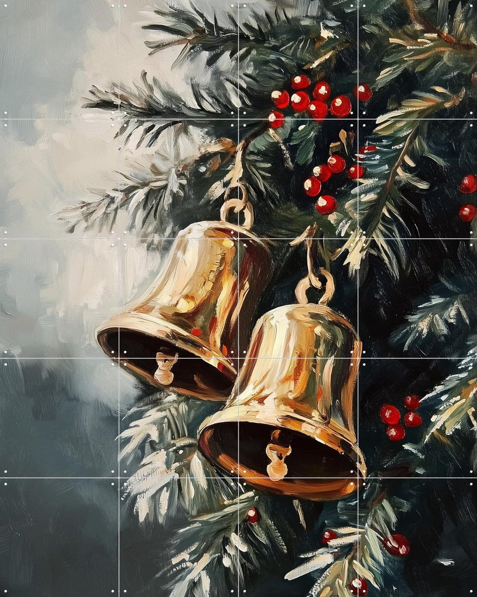 IXXI Christmas Golden Bells, Melloi Art & Various - 80 x 100 cm - Gratis ophangtool - Grote wanddecoratie en posters - Olieverf, Realisme, Woonkamer