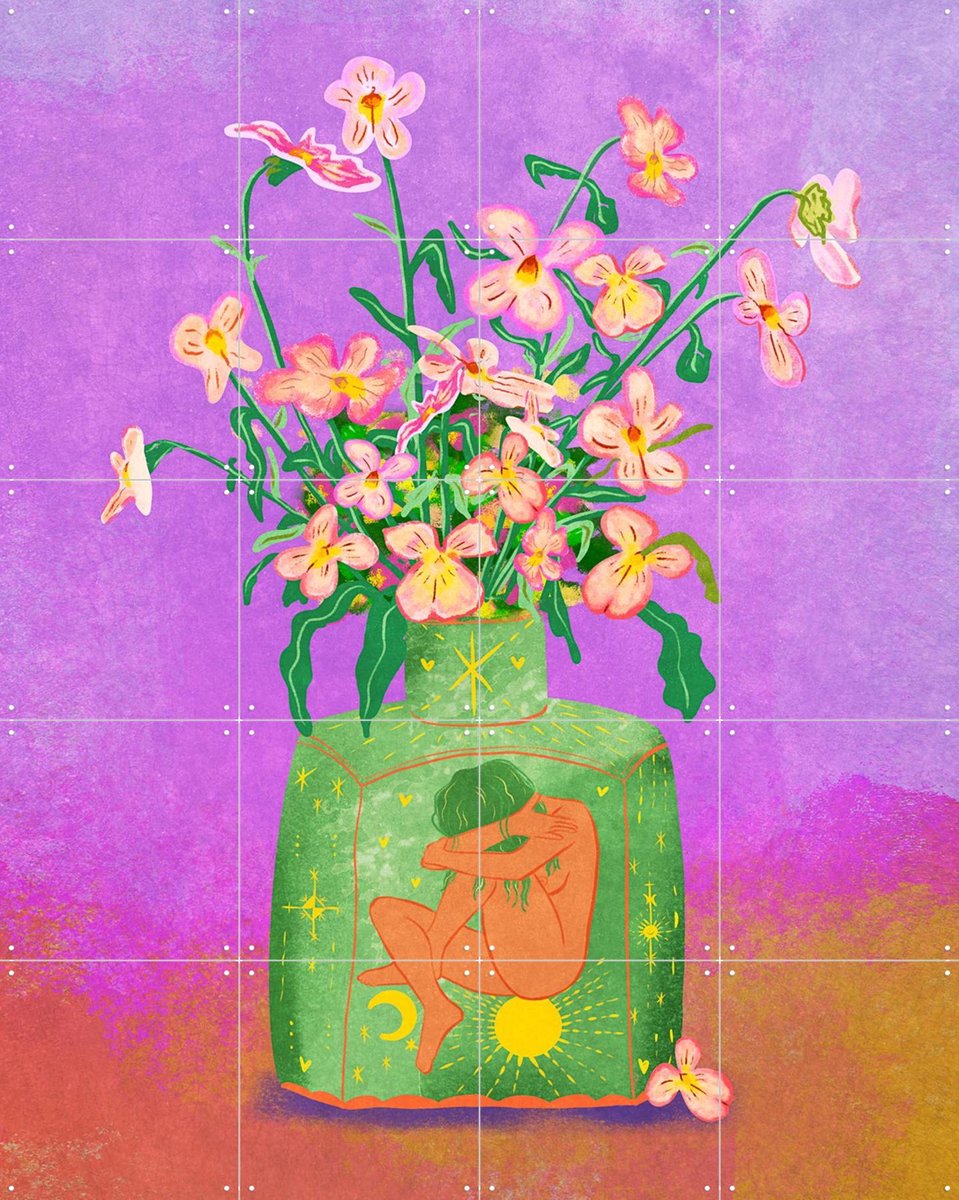 IXXI Pansies In A Vase, Raissa Oltmanns - 80 x 100 cm - Gratis ophangtool - Grote wanddecoratie en posters - Fantasierijk, Cartoonesk, Vintage