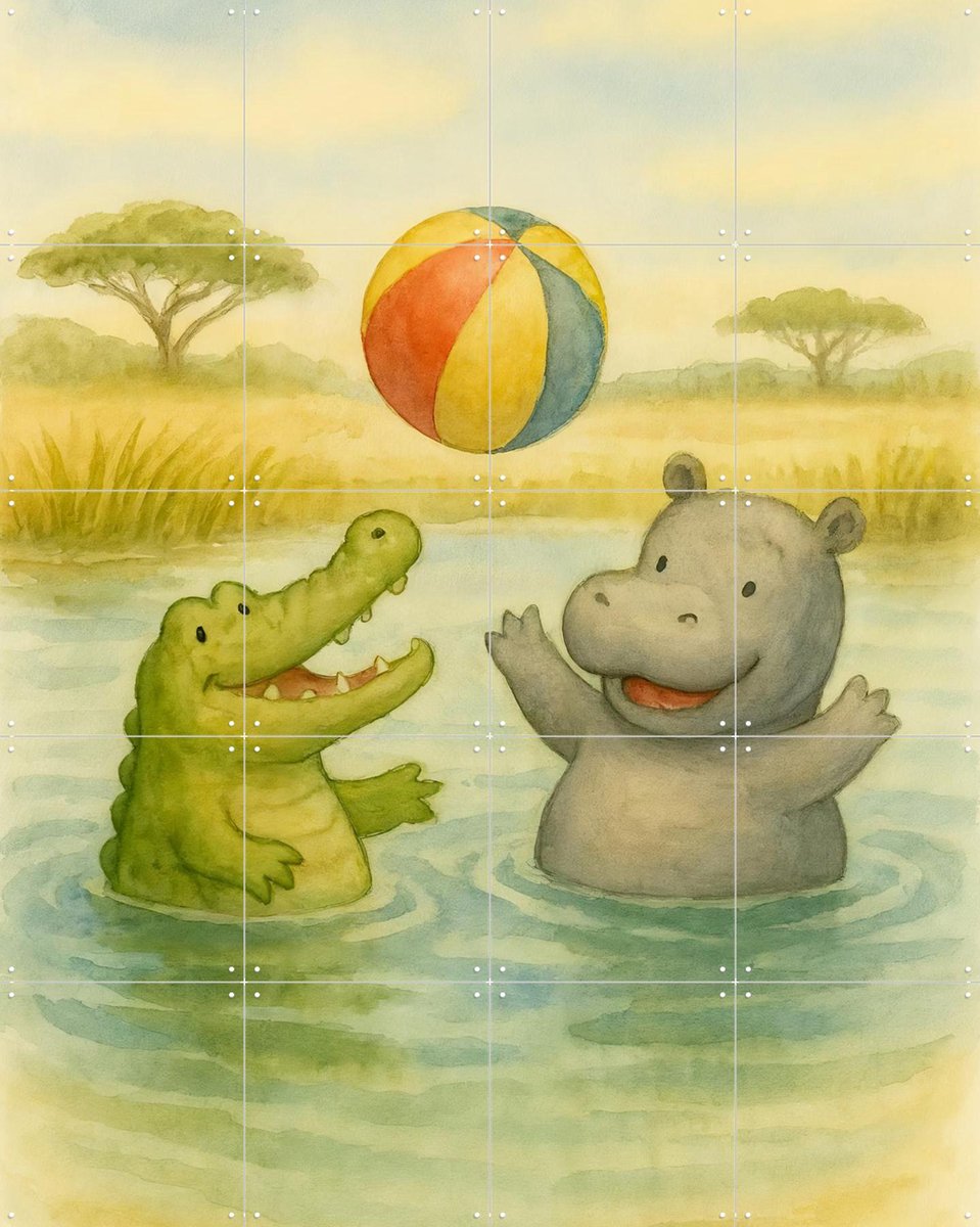 IXXI Nijlpaard en Krokodil Spelen Bal, Natalie Bruns - 80 x 100 cm - Gratis ophangtool - Grote wanddecoratie en posters - Kleurrijk, Fantasierijk