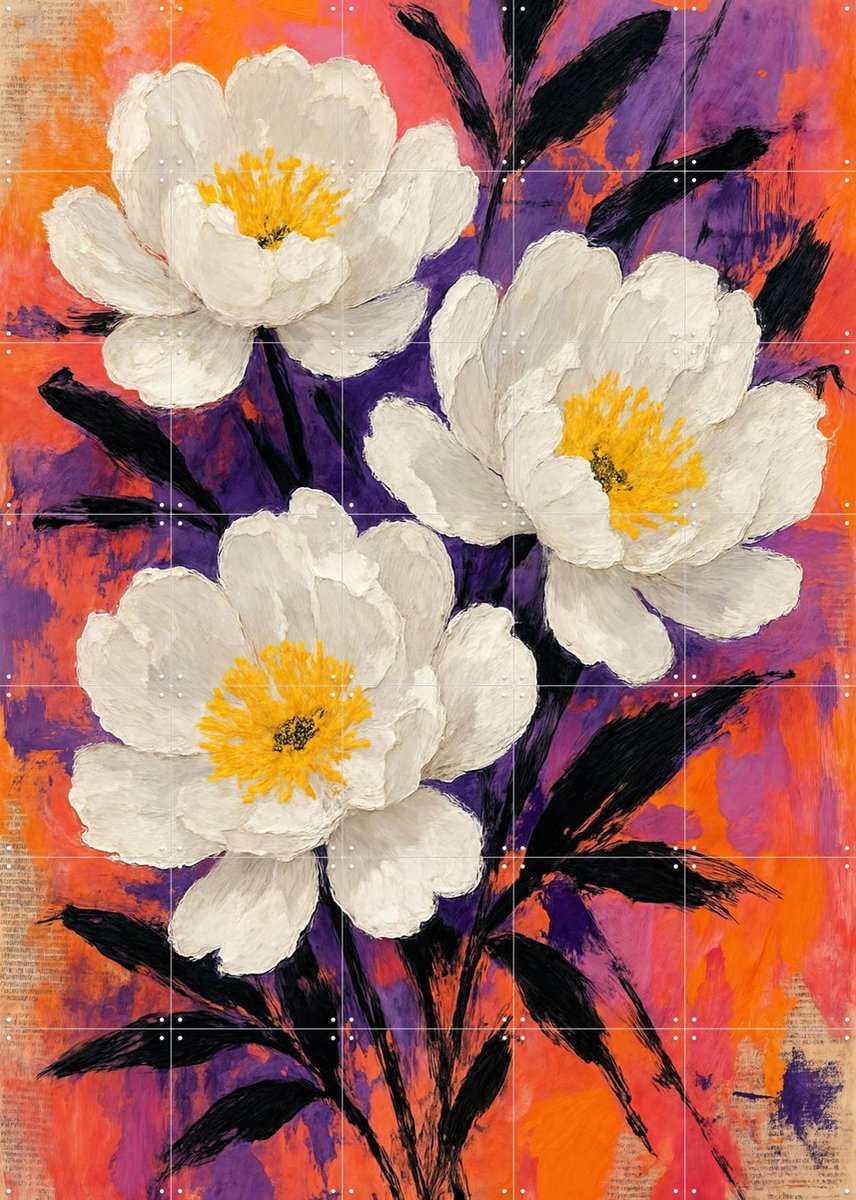 IXXI Witte Pioenrozen op Oude Krant, Natalie Bruns - 100 x 140 cm - Gratis ophangtool - Grote wanddecoratie en posters - Schilderijen, Kwaststreken