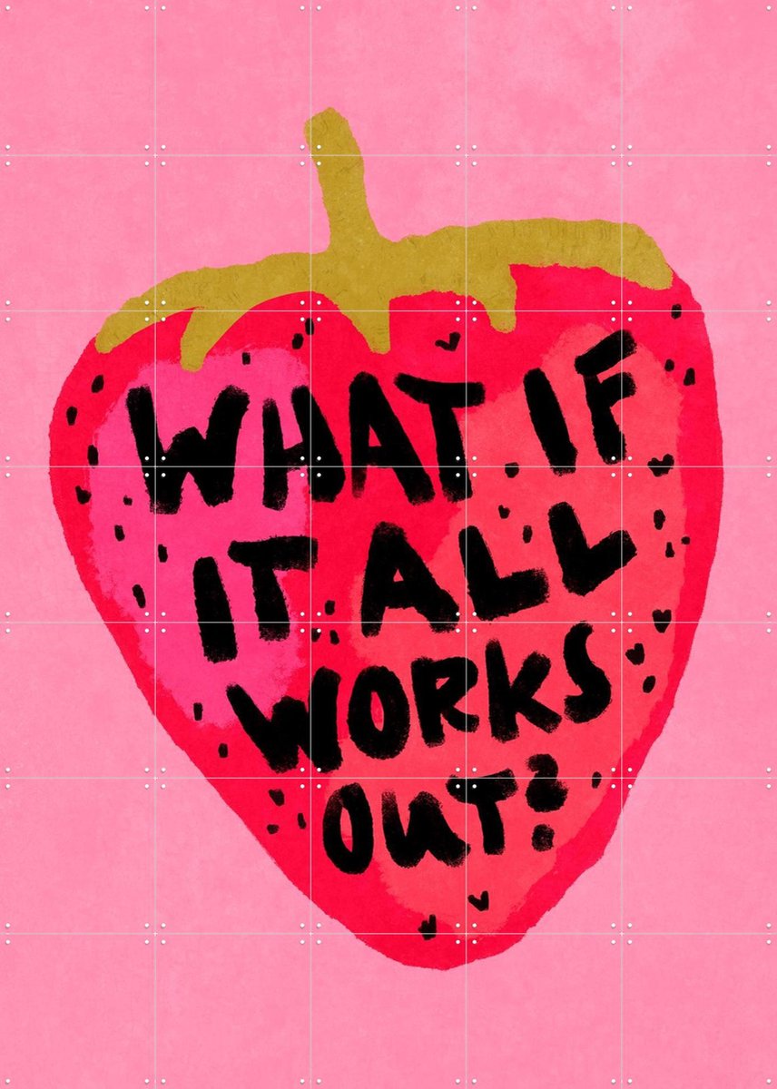 IXXI Positive Strawberry, Raissa Oltmanns - 100 x 140 cm - Gratis ophangtool - Grote wanddecoratie en posters - Typografie, Speels, Modern, Kleurrijk