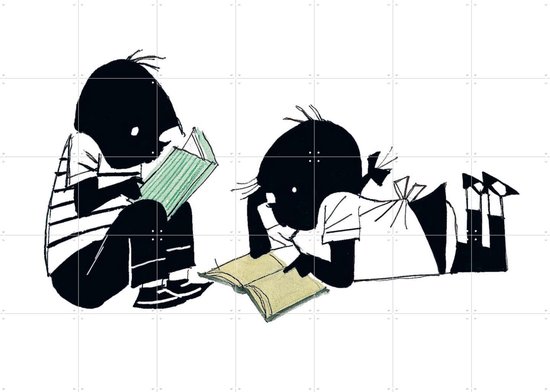 Deux silhouettes noires d'enfants lisant ensemble. Un enfant est assis droit, l'autre est allongé sur le ventre. Ils lisent tous les deux un livre.