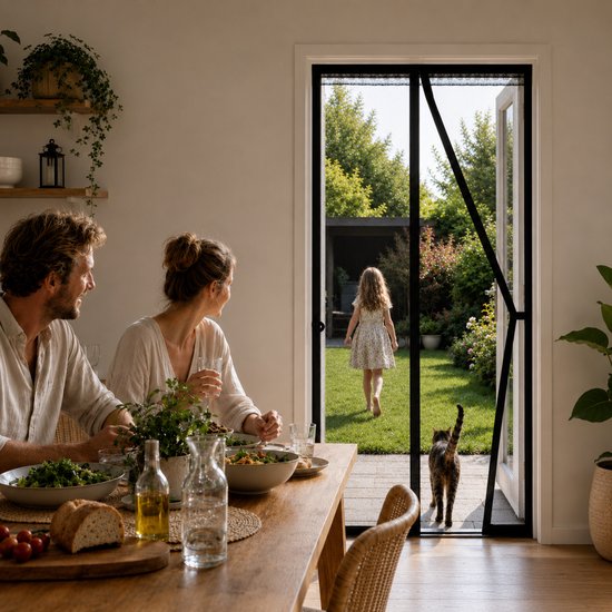Een gezin eet aan tafel terwijl een meisje door een openstaande zwarte hor naar buiten loopt.