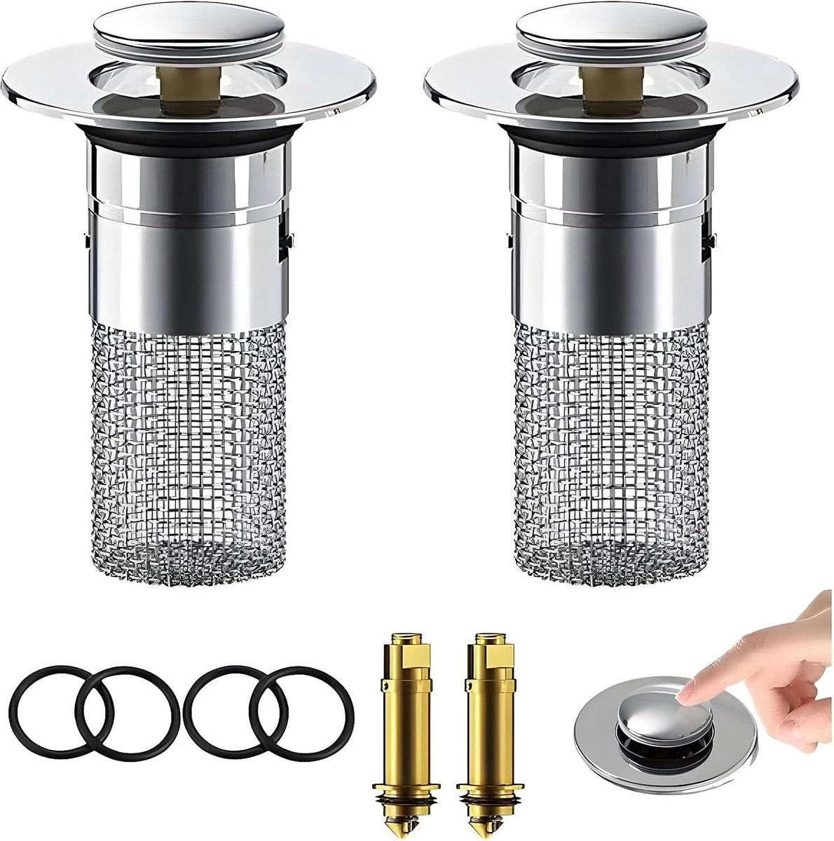 2 stuks universele gootsteenstopper, roestvrijstalen push-fit gootsteenstop, badkamer wastafelstop met zeef, messing pop-up afvoerstop voor 32-40 mm afvoergaten