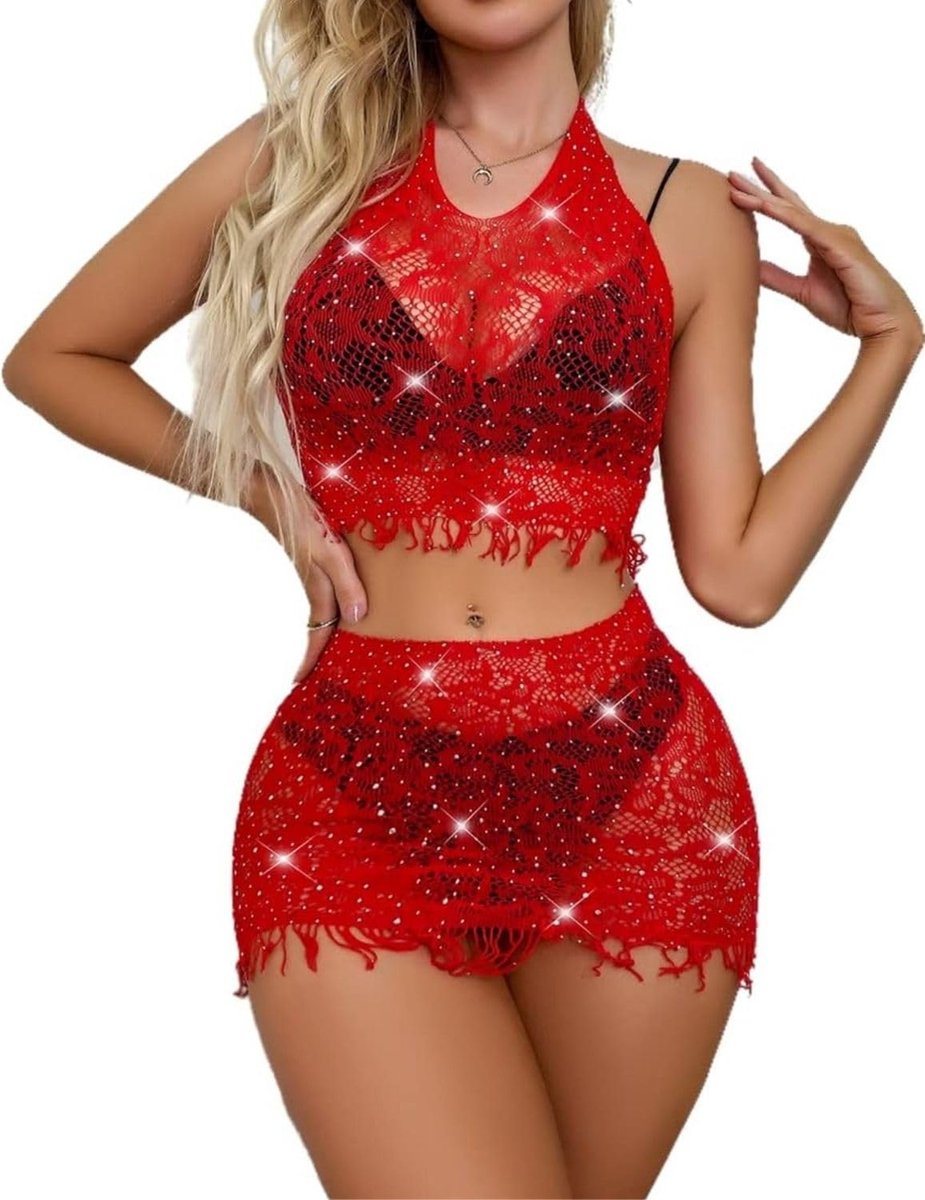Sexy lingerieset, netstof, strass, dames, top, open rug, kant, glinsterend, mini-rok, 2-delig, negligé met franjes, mini-jurk, avondkleding, club, zwart, rood, roze