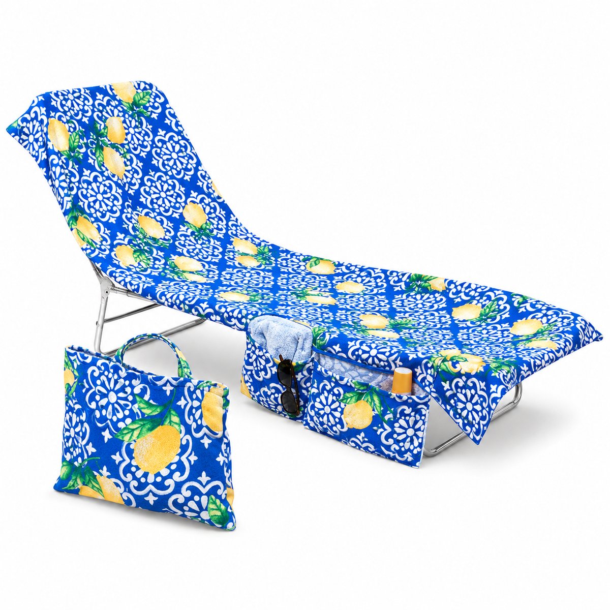 Home & Marker - Sneldrogende Ligstoel Handdoek met Opbergvakken - Microvezel Strandlaken & Ligbedhoes - Inclusief Opbergtas - Voor Strand, Zwembad & Tuin - Citroen - POCKTOW