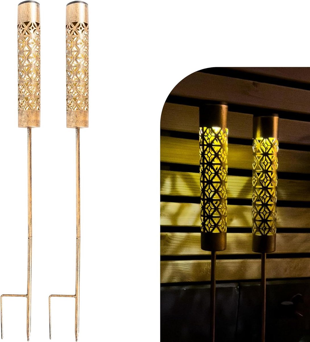 Tuinfakkels op zonne-energie - Led-fakkels Vlameffect - Tuinverlichting Decoratie - Weerbestendig Metaal - Set van 2 - Stabiele Vlammen