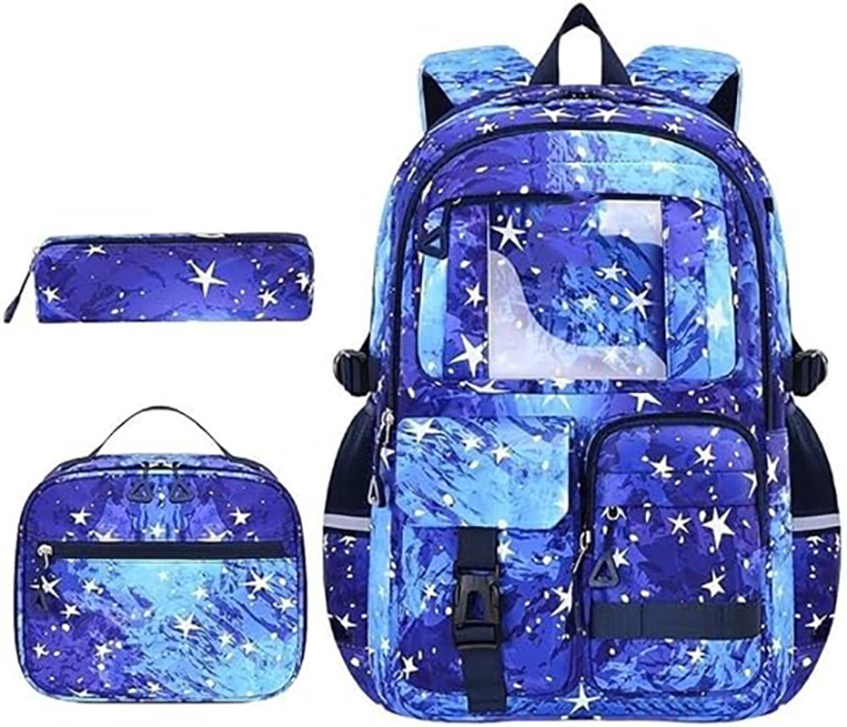Reisrugzak - Schoolrugzak - Schattige Rugzakset van 3-in‑1 - Waterbestendig Nylon - met Lunchdoos en Pennenblok - voor Laptop, Reizen en Dagelijks Gebruik - Blauw