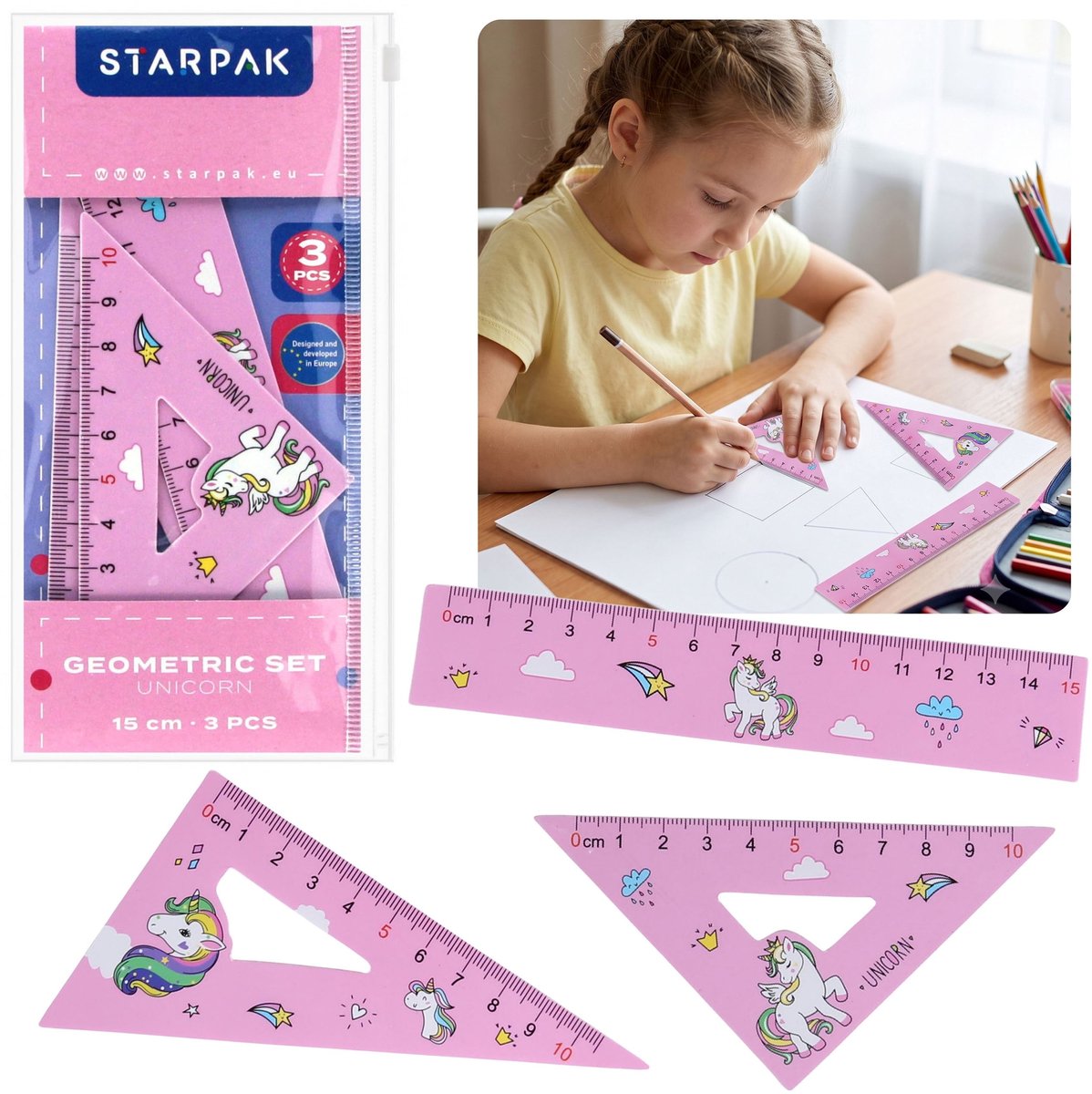 Eenhoorn GEOMETRIESET, schoolbenodigdheden voor meisjes - liniaal, 2x geodriehoek